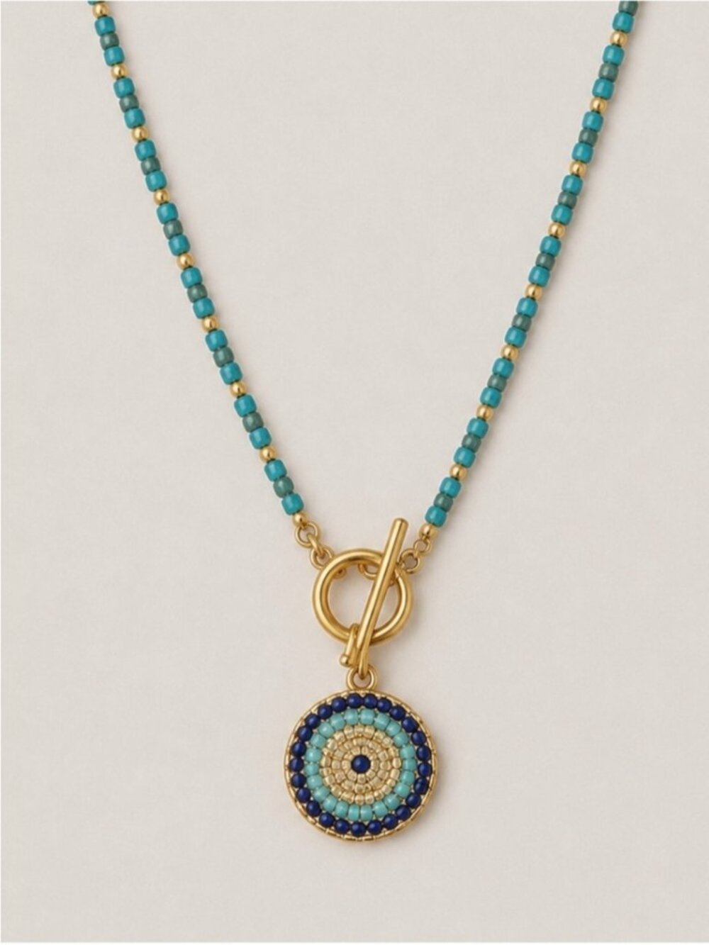 New! Evil Eye Boho Beaded Gold Toggle Necklace NWOT